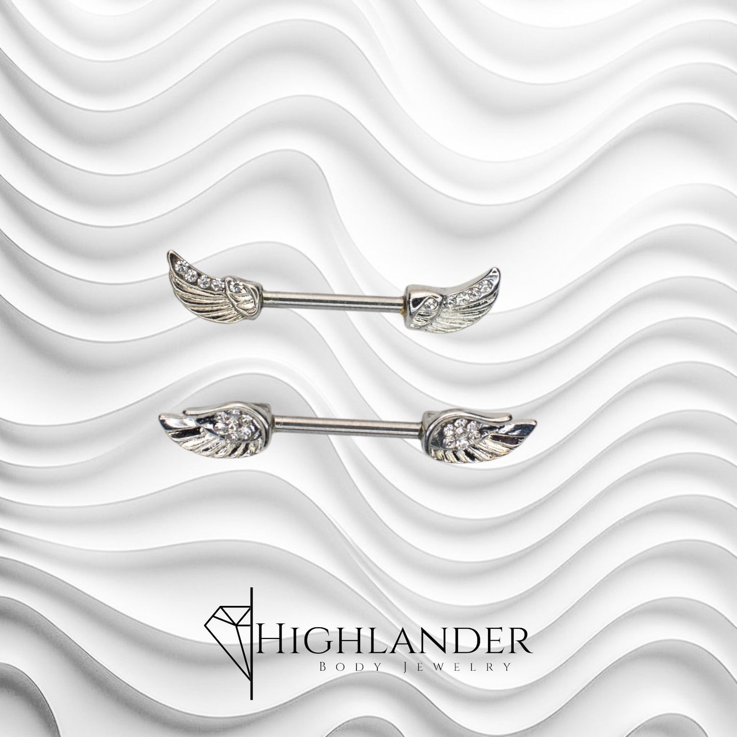 Angel Wings with Clear CZ Nipple Barbells