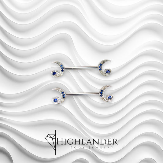 Sapphire Blue CZ Accented Crescent Moon and Star Nipple Barbells