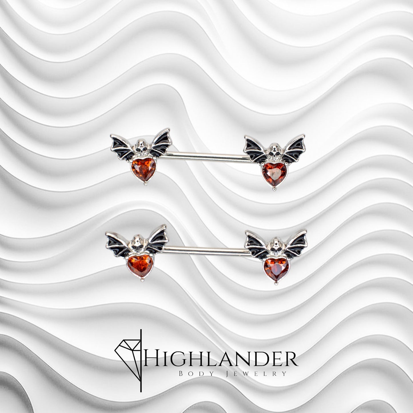 Bat with Heart Red CZ Body and Black Wings Nipple Barbells