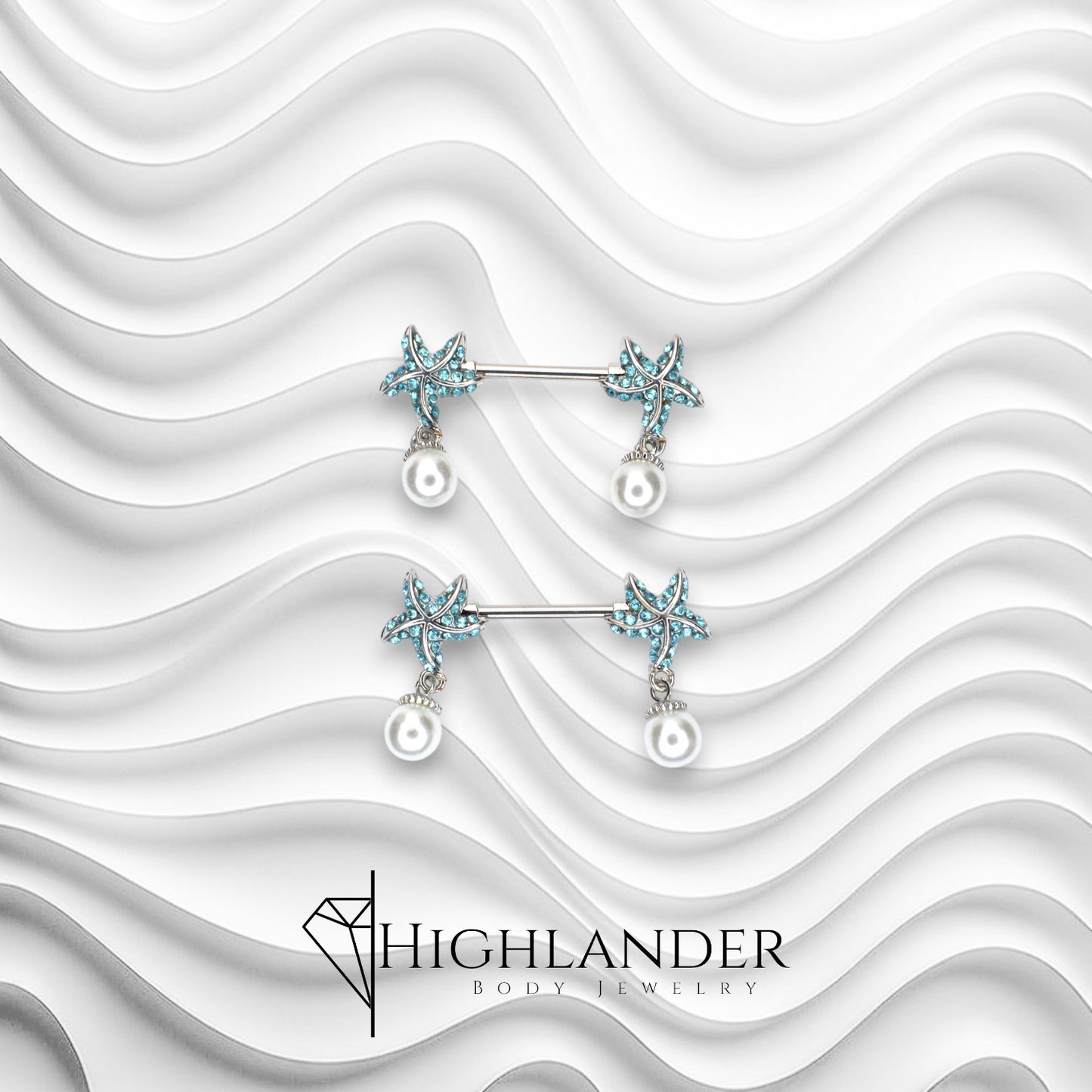 Aqua CZ Paved Starfish with Pearl Nipple Barbells