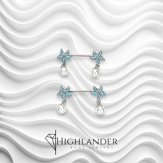 Aqua CZ Paved Starfish with Pearl Nipple Barbells