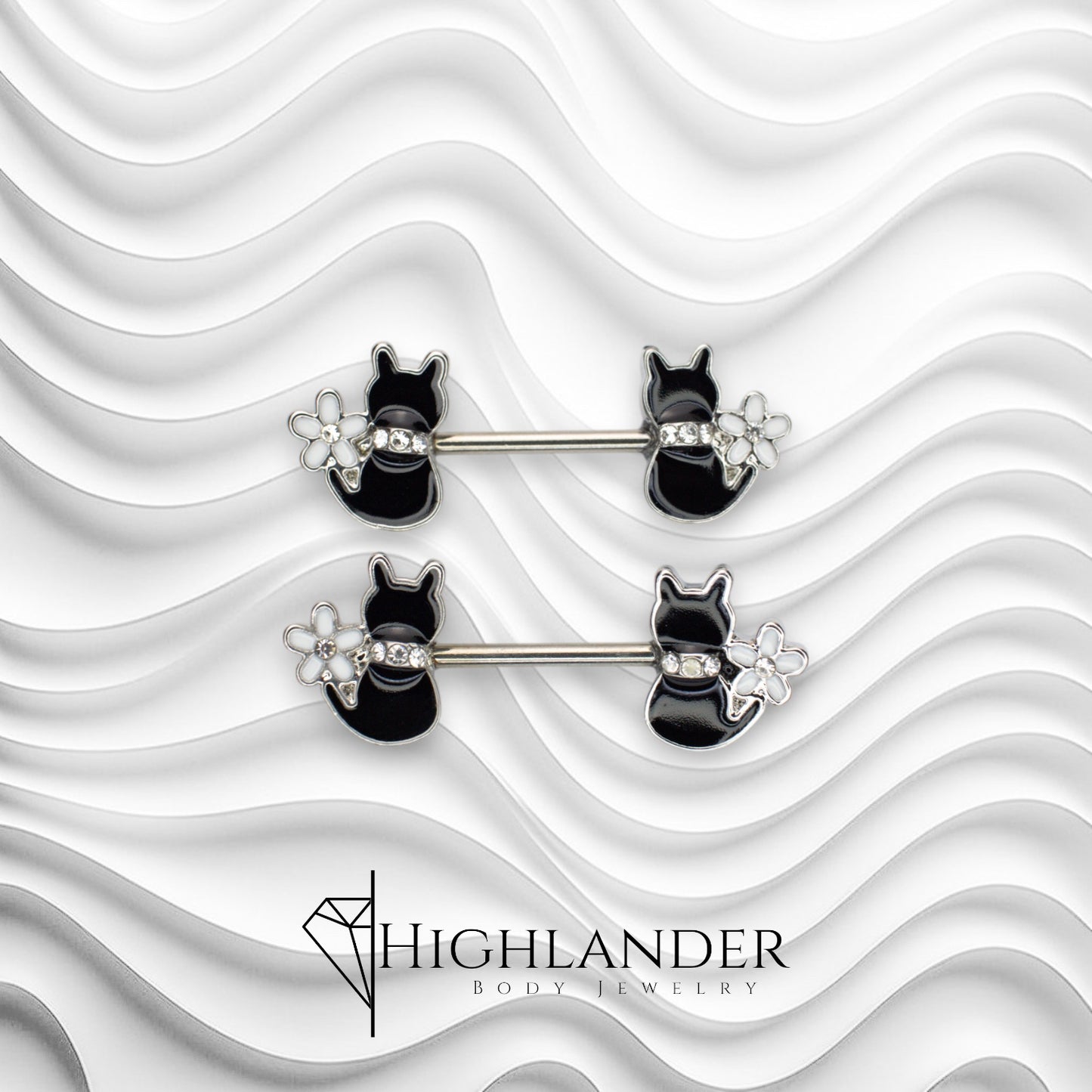 Black Cat with Flower and Clear CZ Collar Nipple Barbells