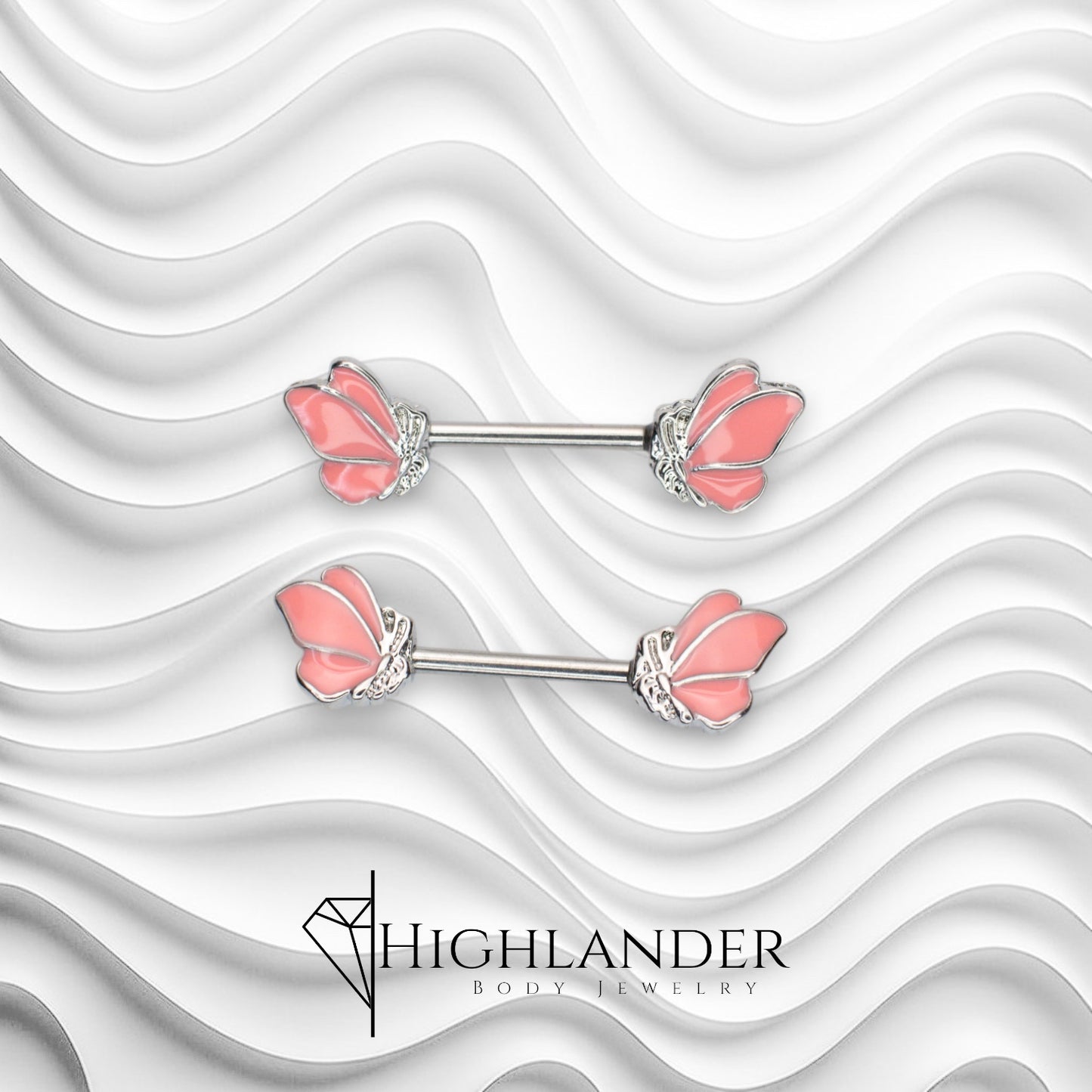 Pink Enamel Butterflies Nipple Barbells