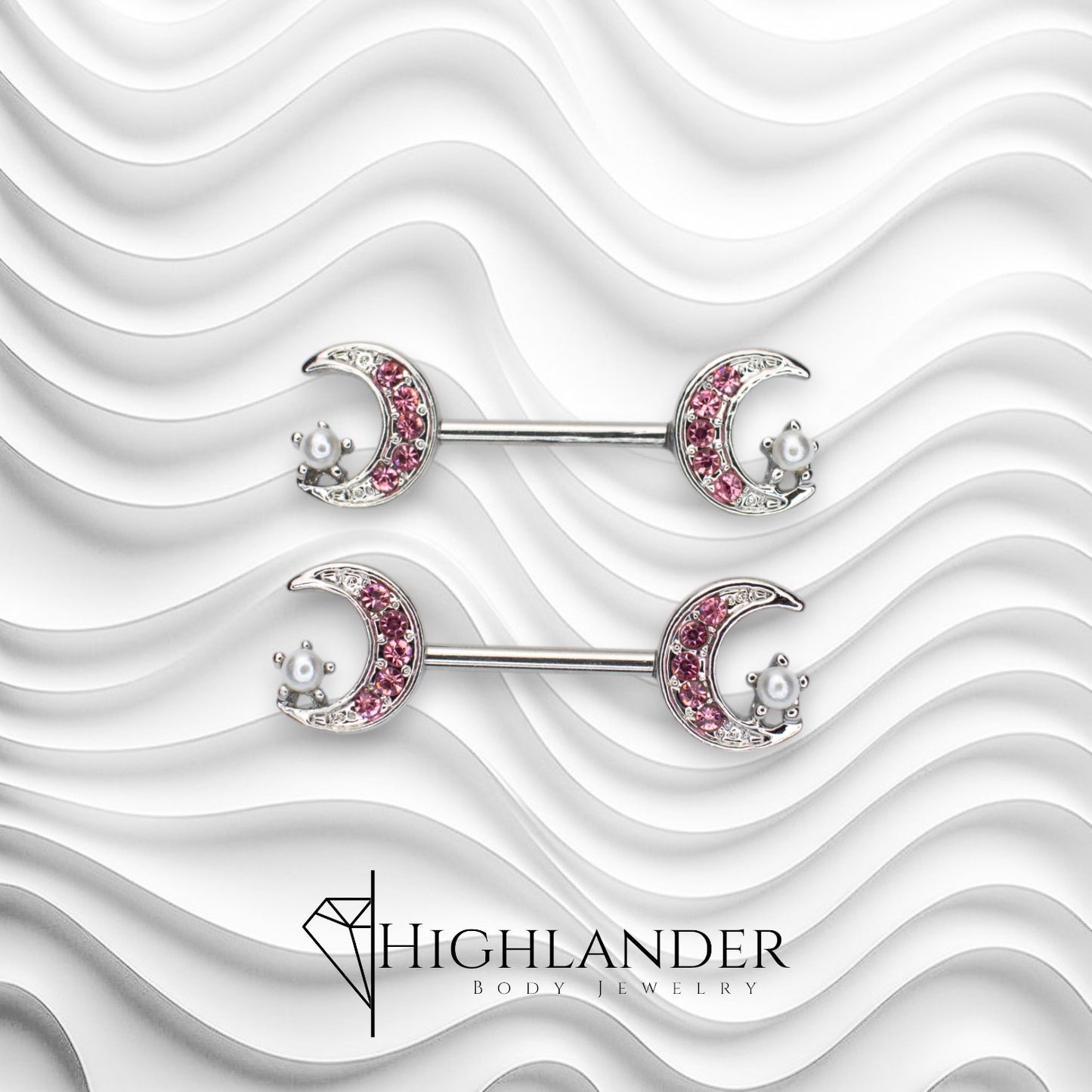 Pink CZ Paved Crescent Moon with Pearl Star Nipple Barbells