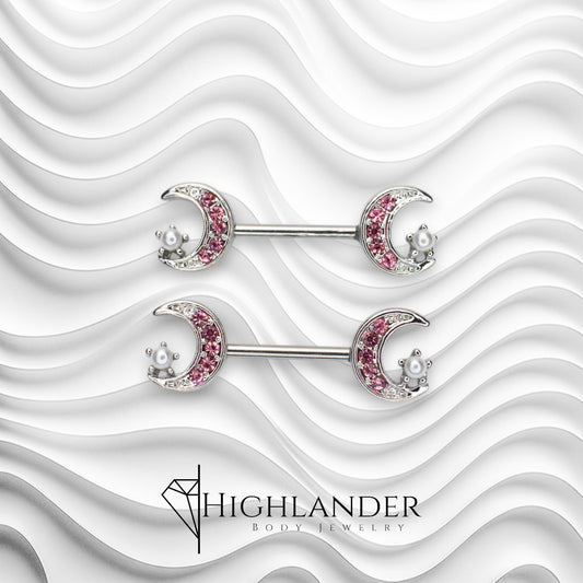 Pink CZ Paved Crescent Moon with Pearl Star Nipple Barbells