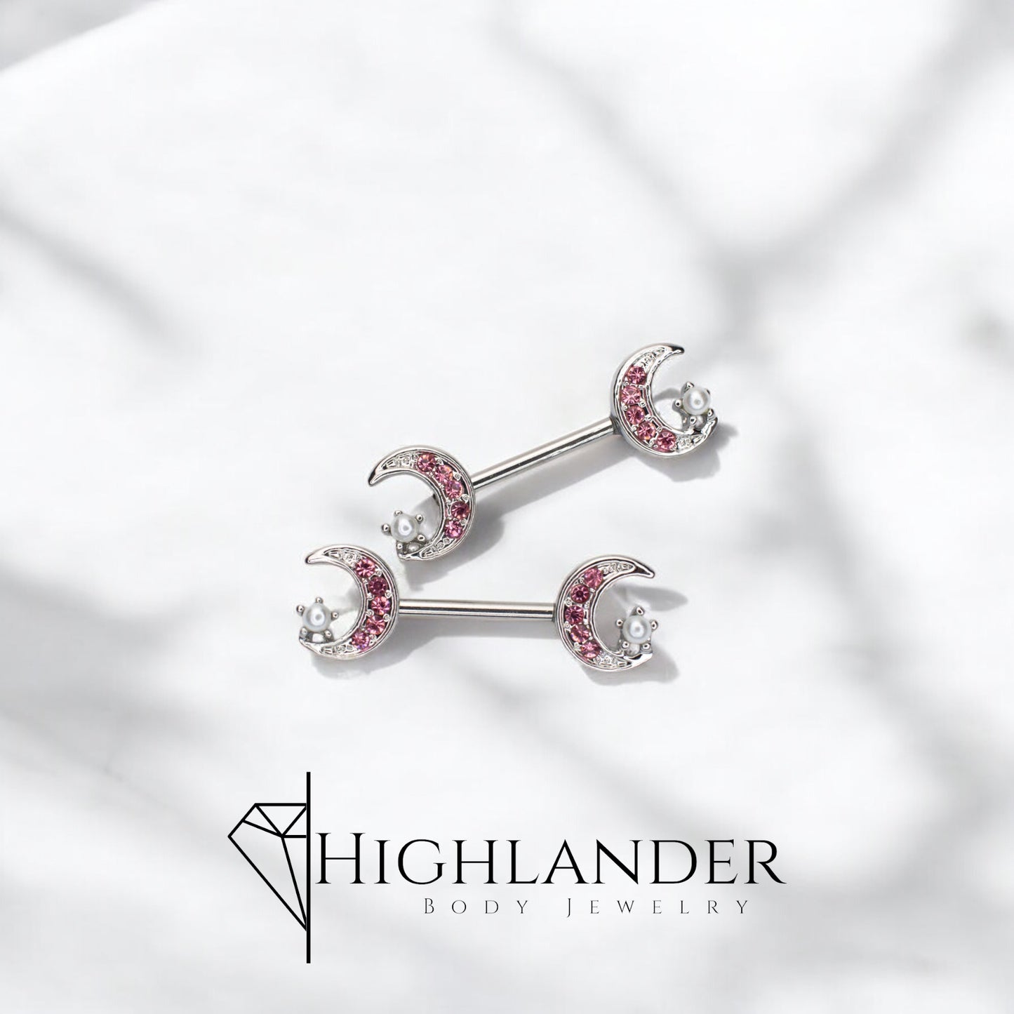 Pink CZ Paved Crescent Moon with Pearl Star Nipple Barbells