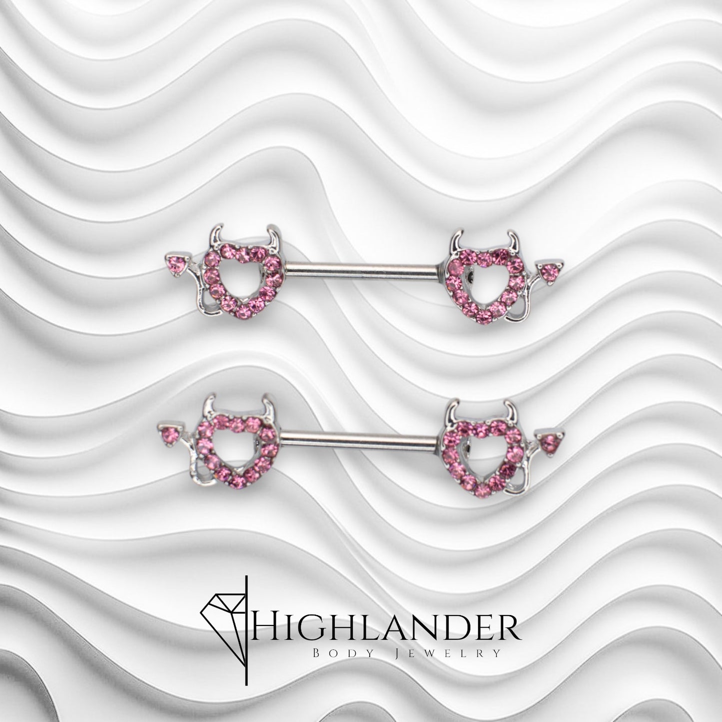 Pink CZ Paved Heart with Devil Tail Nipple Barbells