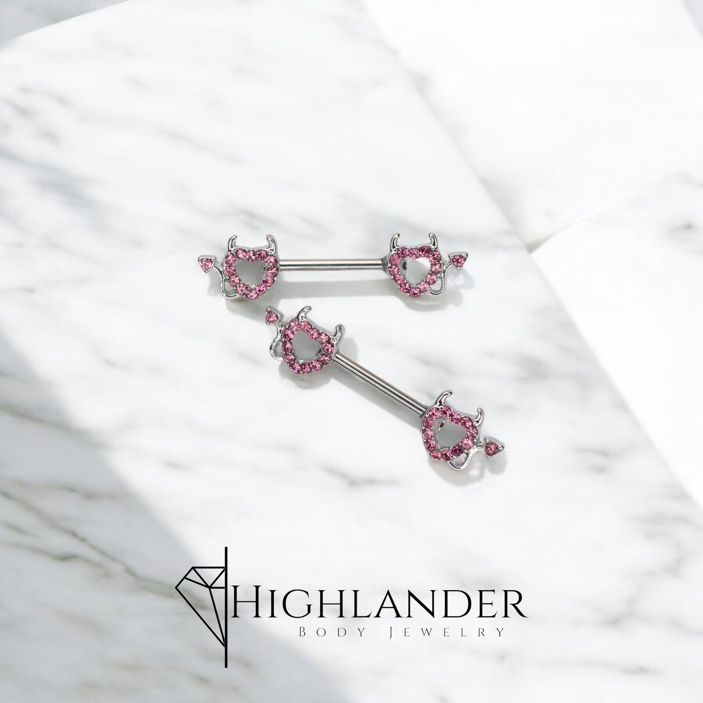 Pink CZ Paved Heart with Devil Tail Nipple Barbells