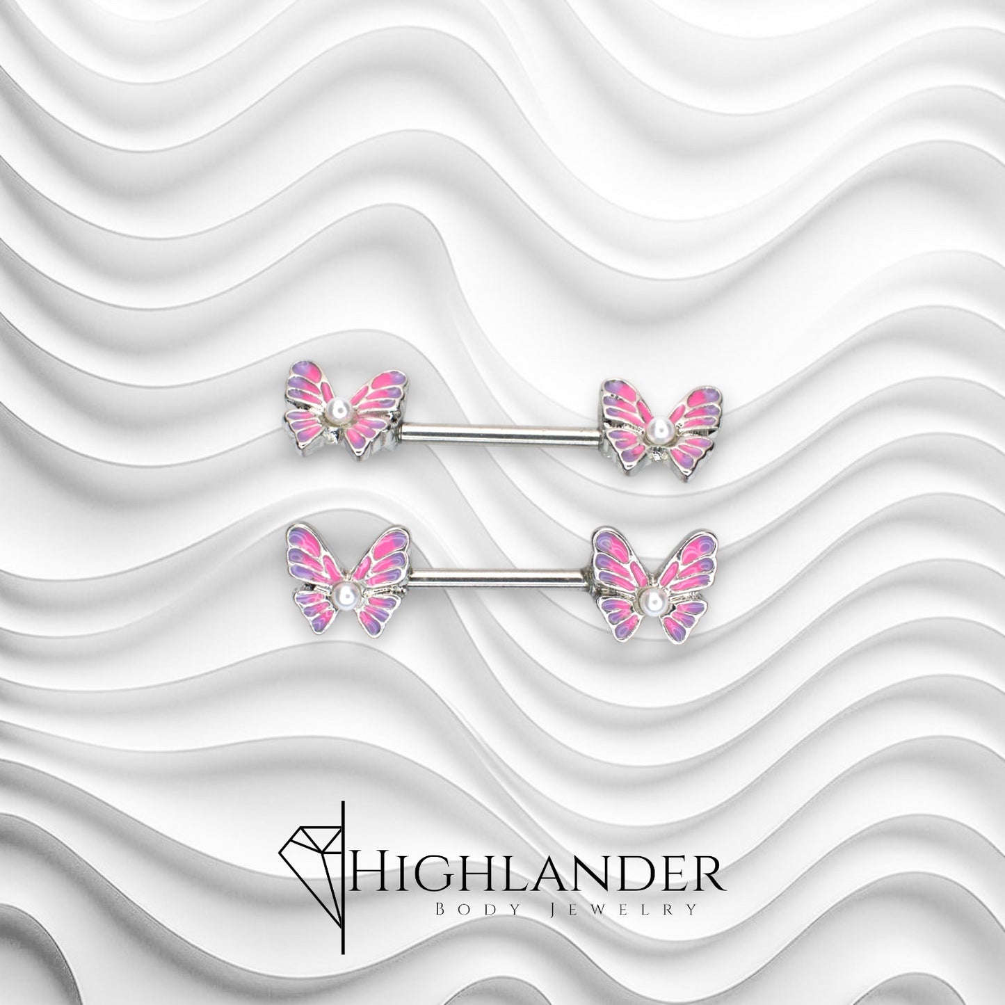 Pink and Purple Enamel Butterfly with Pearl Nipple Barbells