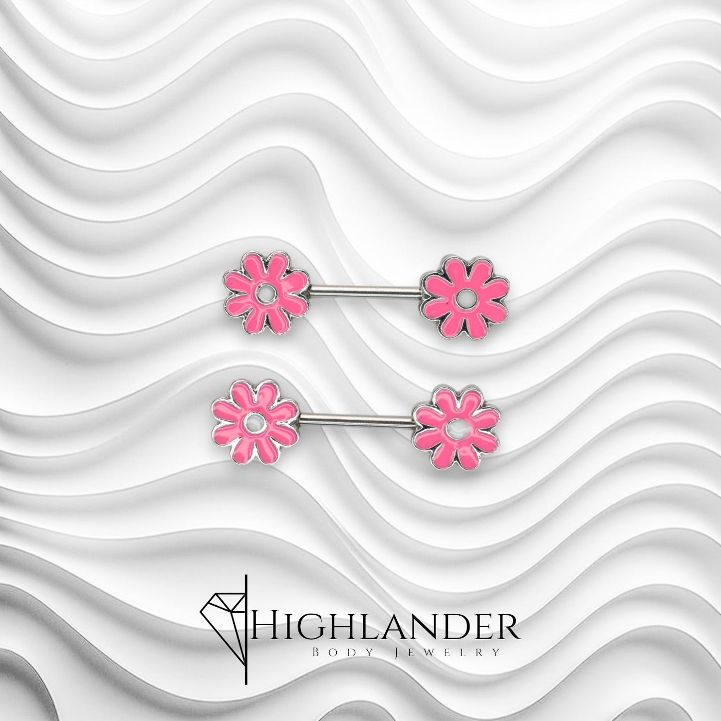 Pink Enamel Daisy with White Center Nipple Barbells