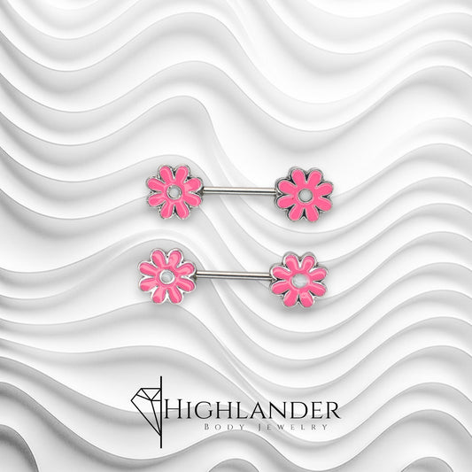 Pink Enamel Daisy with White Center Nipple Barbells