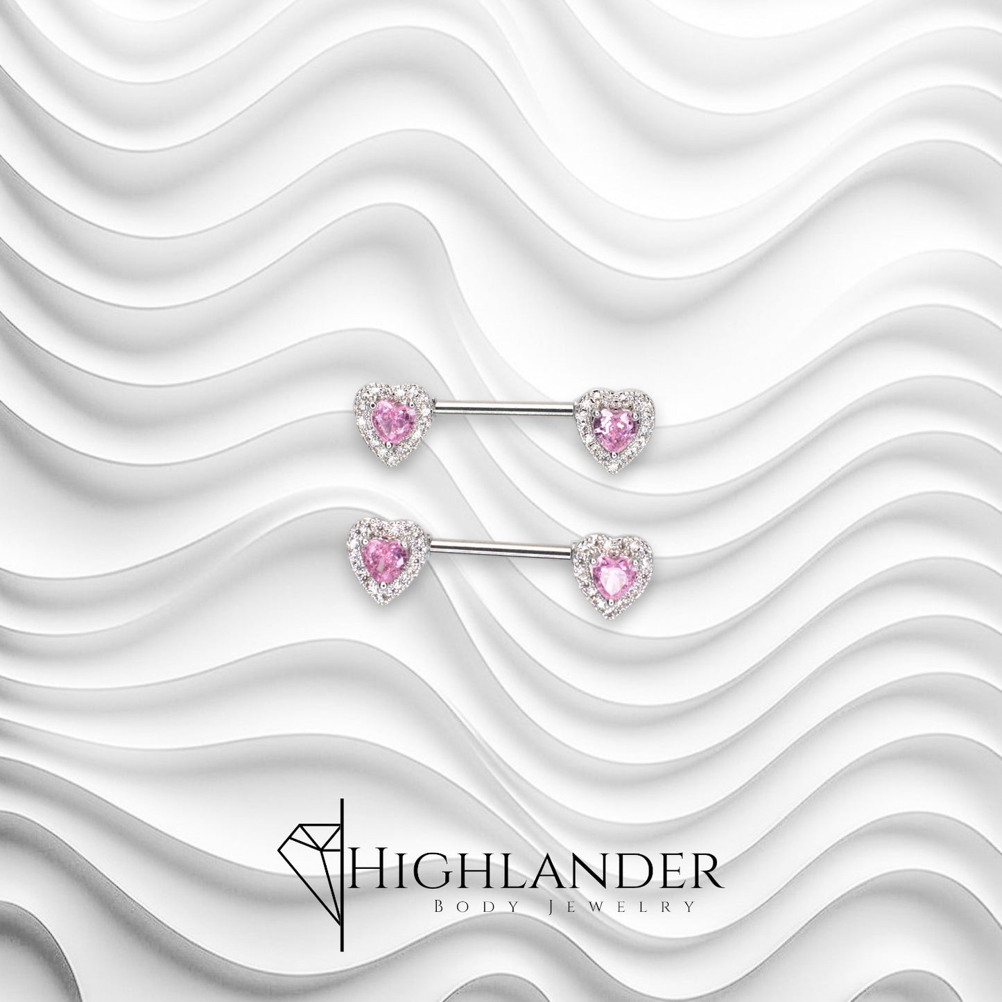 Pink CZ Heart with Clear CZ Halo Nipple Barbells