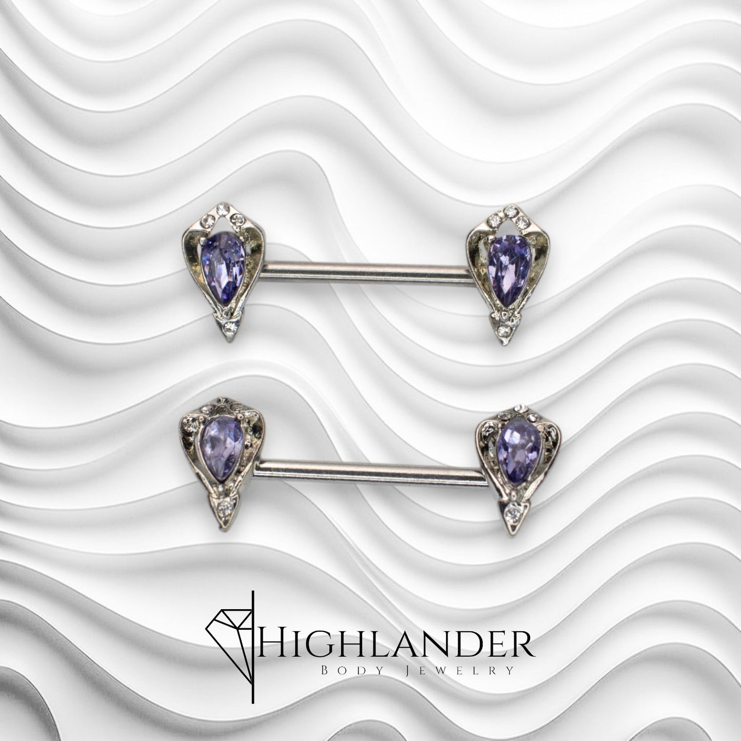 Teardrop Purple CZ with Filigree Surround Nipple Barbells