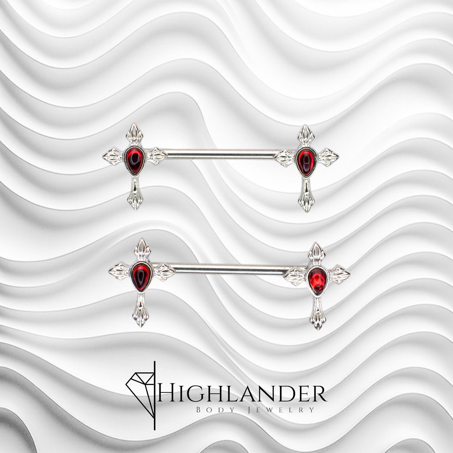 Gothic Cross with Teardrop Red CZ Nipple Barbells