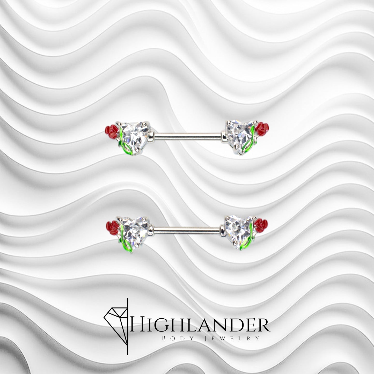 Clear CZ Heart with Enamel Rose Nipple Barbells