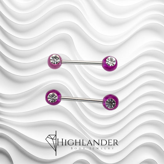 Purple Ball Front Facing Clear CZ Nipple Barbells