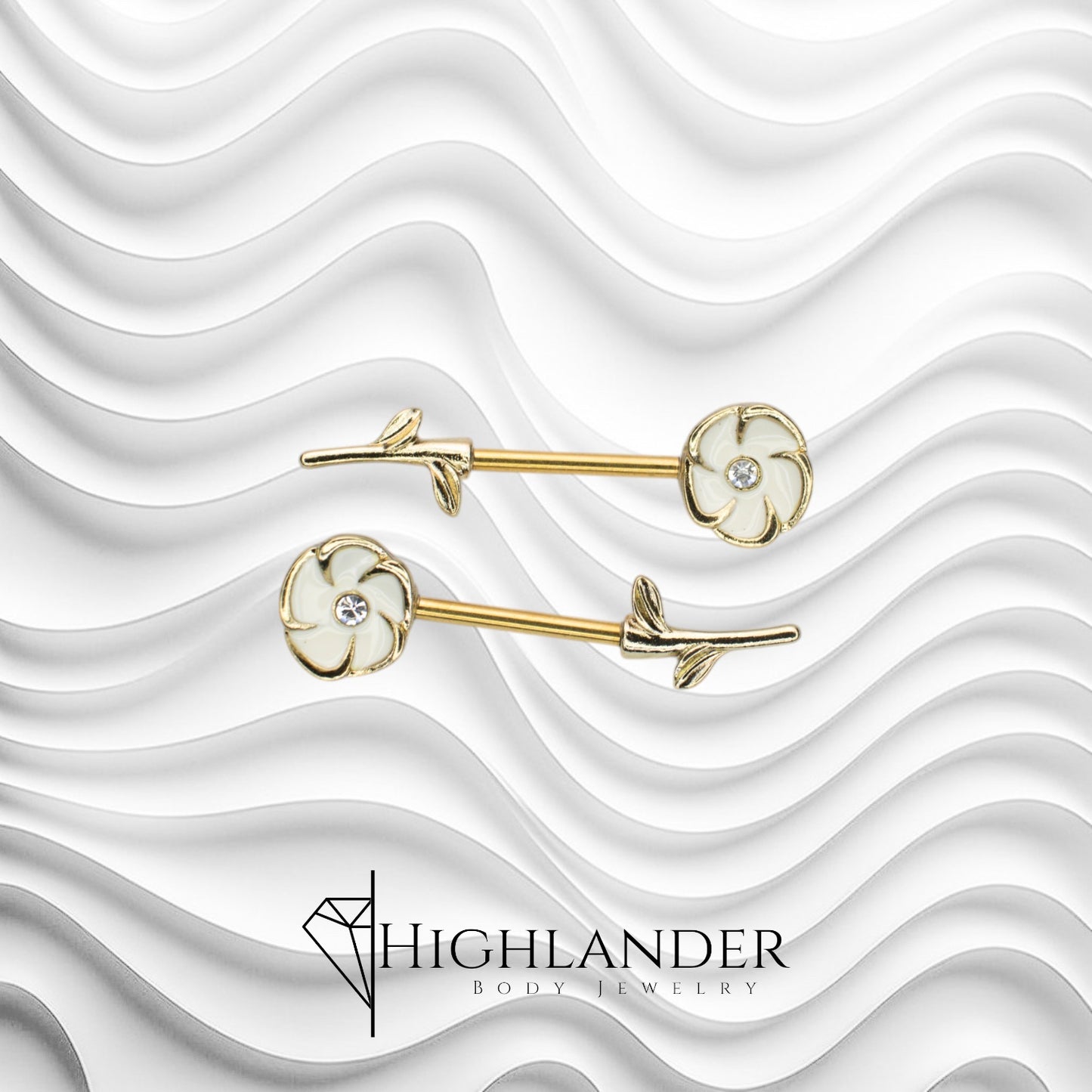 Gold White Enamel Flower with Clear CZ Center Nipple Barbells