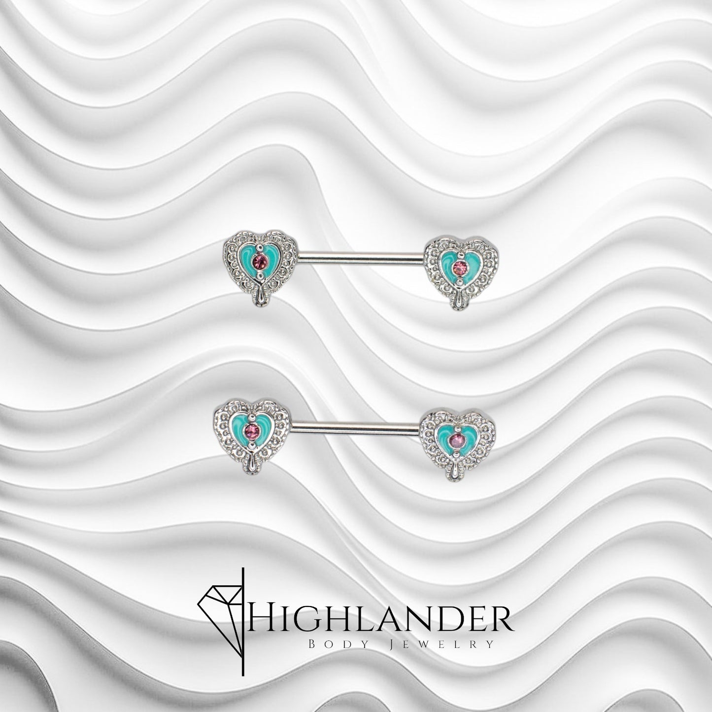 Turquoise Enamel Heart with Pink CZ Nipple Barbells