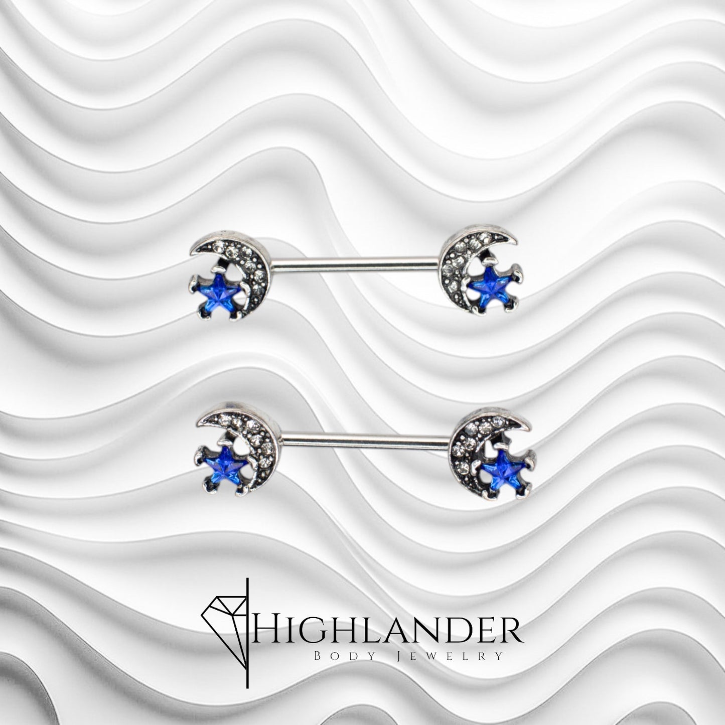 Clear CZ Paved Crescent Moon with Sapphire CZ Star Nipple Barbells