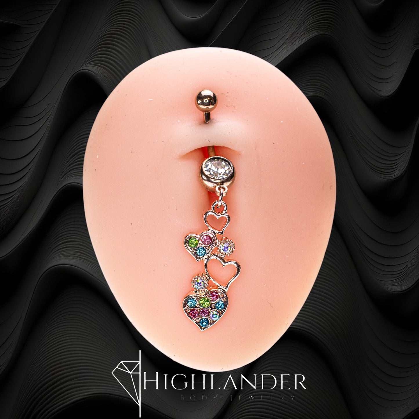 Rose Gold Hearts with Multi Color CZ Navel Piercing - Dangle