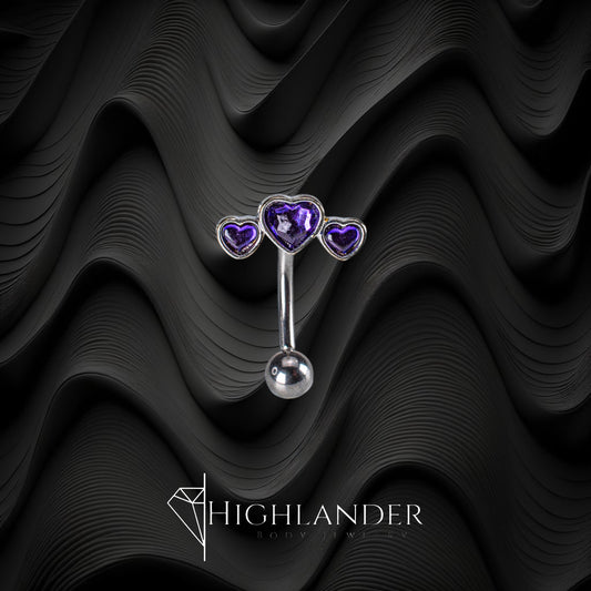 Three Purple CZ Hearts Navel Piercing - Non Dangle