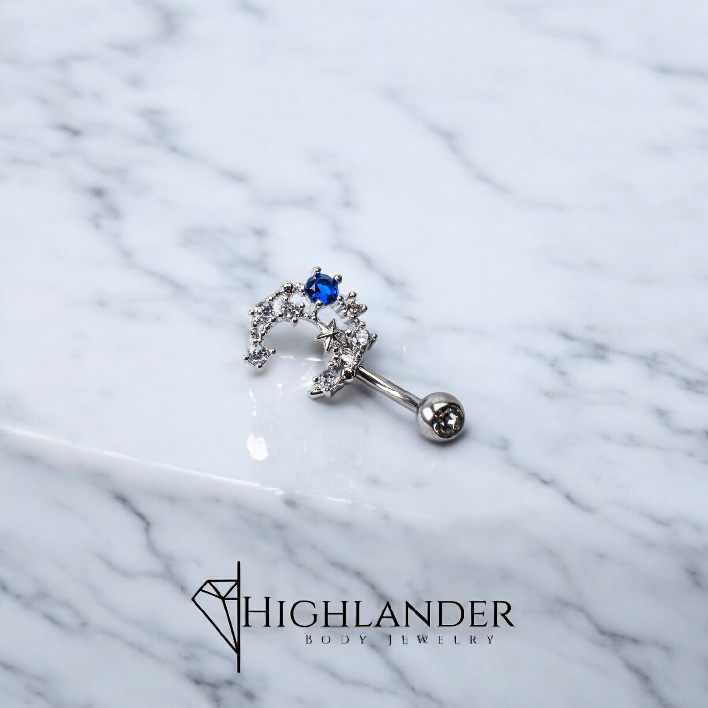 Filigree Crescent Moon with Sapphire Blue and Clear CZ Navel Piercing - Non Dangle