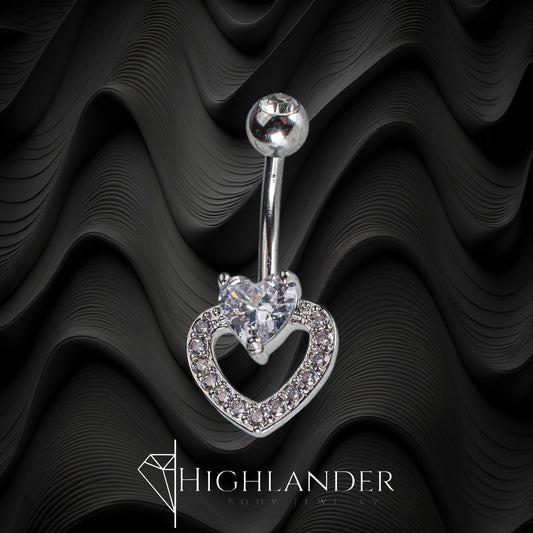 Clear CZ Paved Heart Outline Navel Piercing - Non Dangle