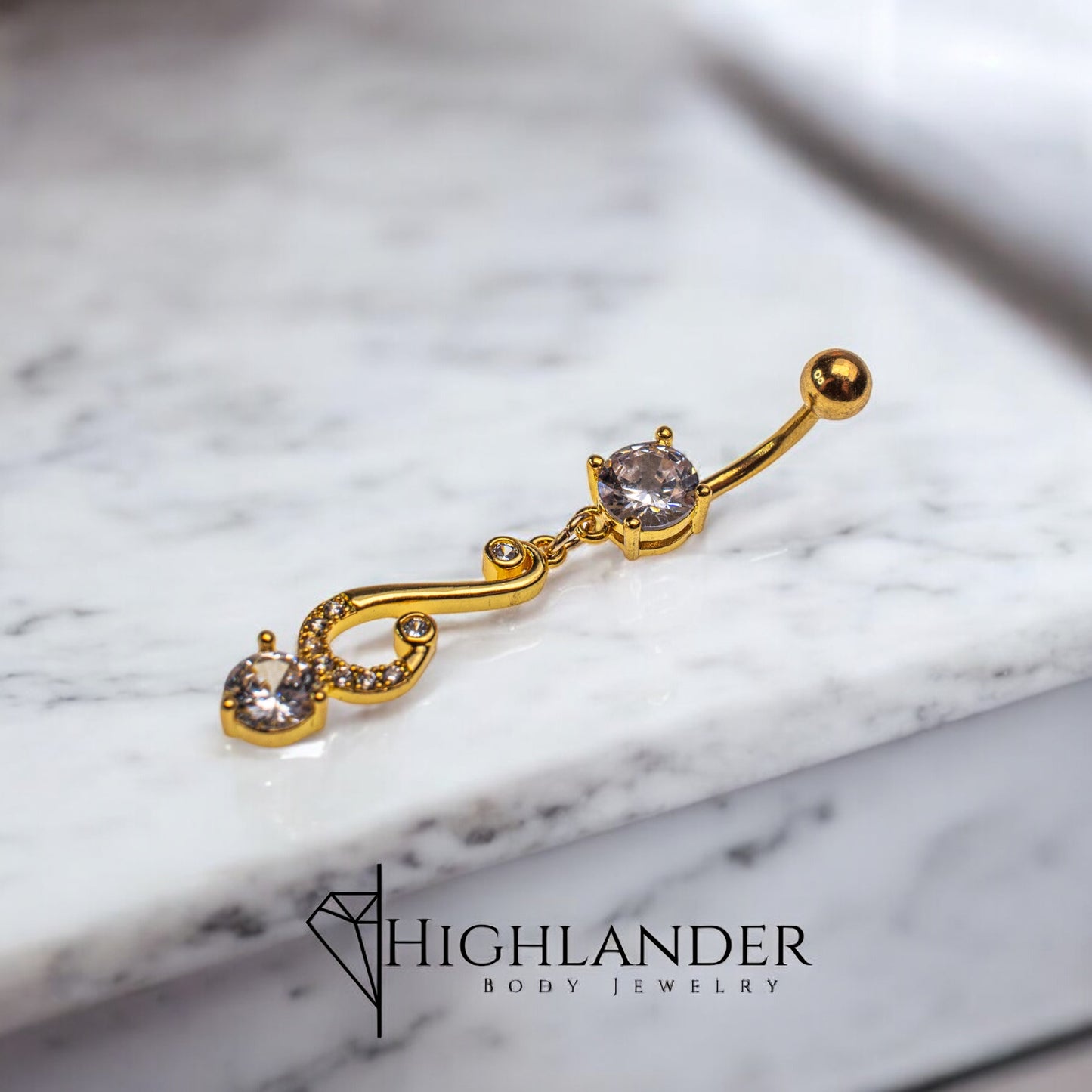 Gold Flourish with Clear CZ Navel Piercing - Dangle