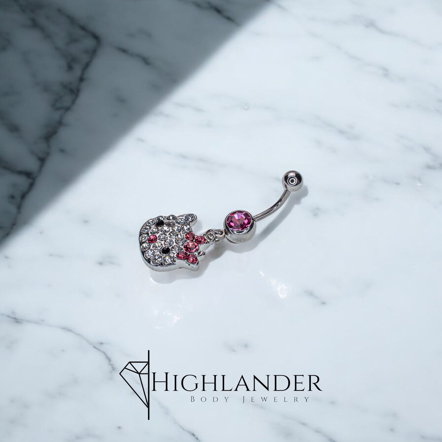 Clear CZ Paved Kitty with Pink CZ Bow Navel Piercing - Dangle