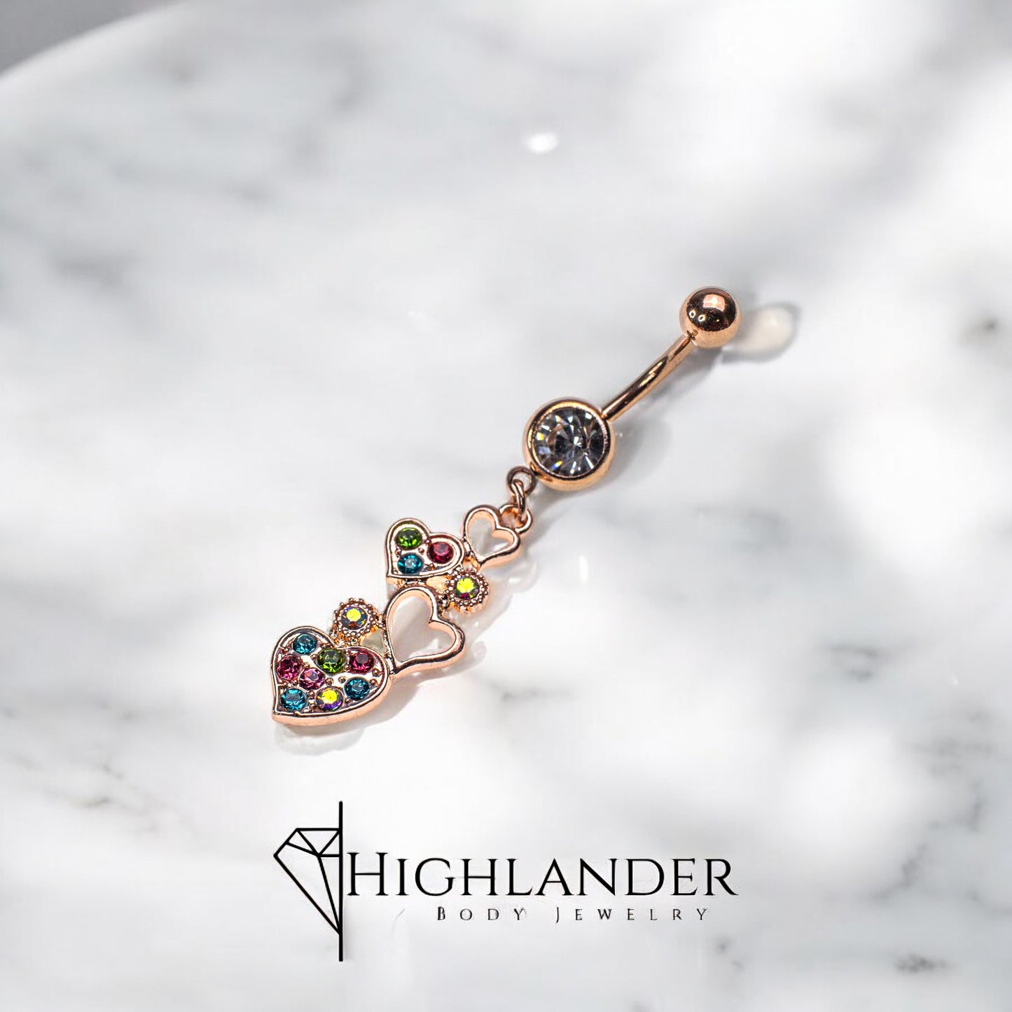 Rose Gold Hearts with Multi Color CZ Navel Piercing - Dangle