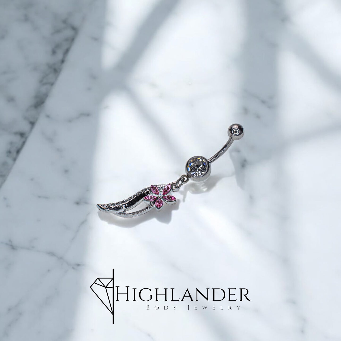 Clear CZ Accented Swish with Pink CZ Flower Navel Piercing - Dangle