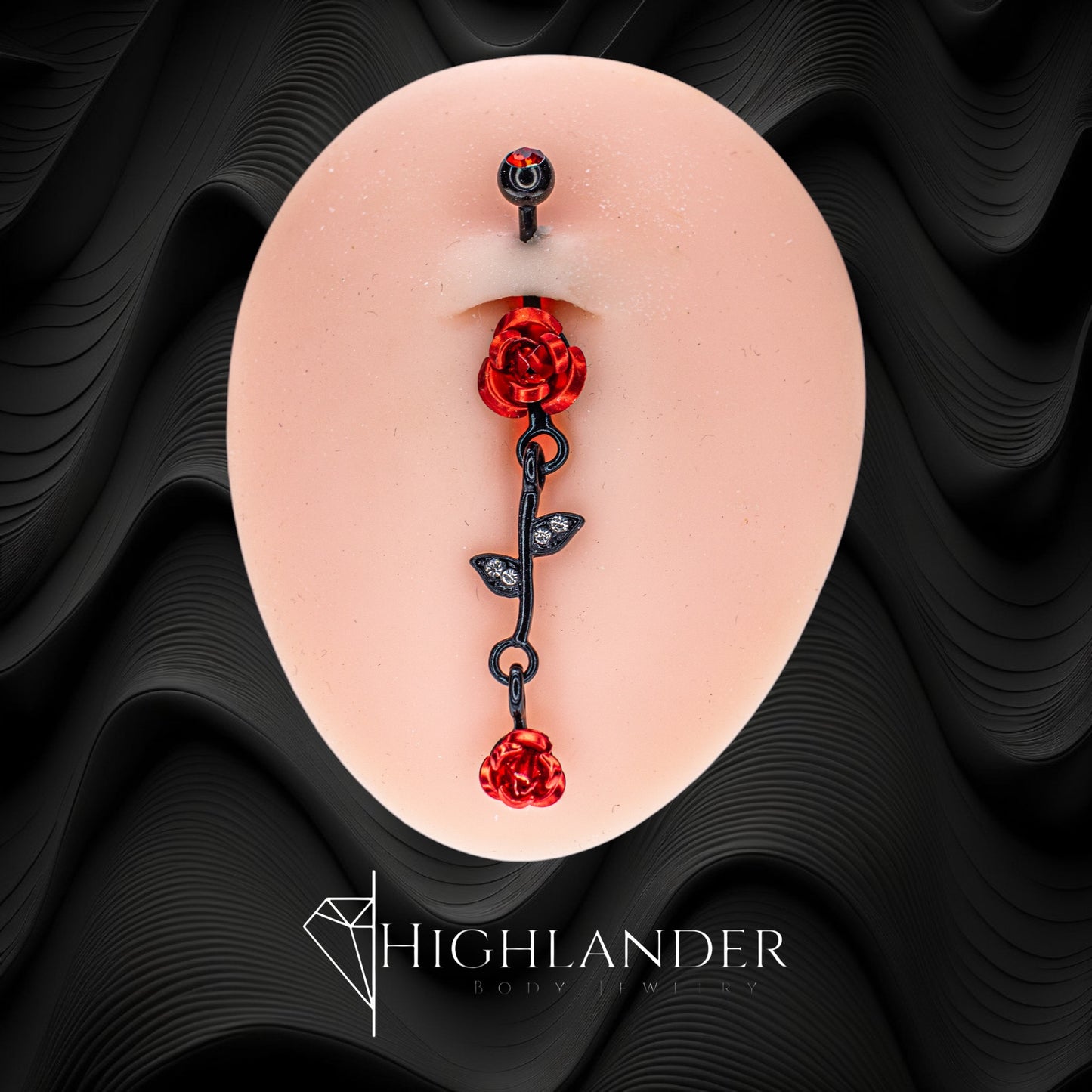 Black Red Metal Roses with Clear CZ Leaves Navel Piercing - Dangle