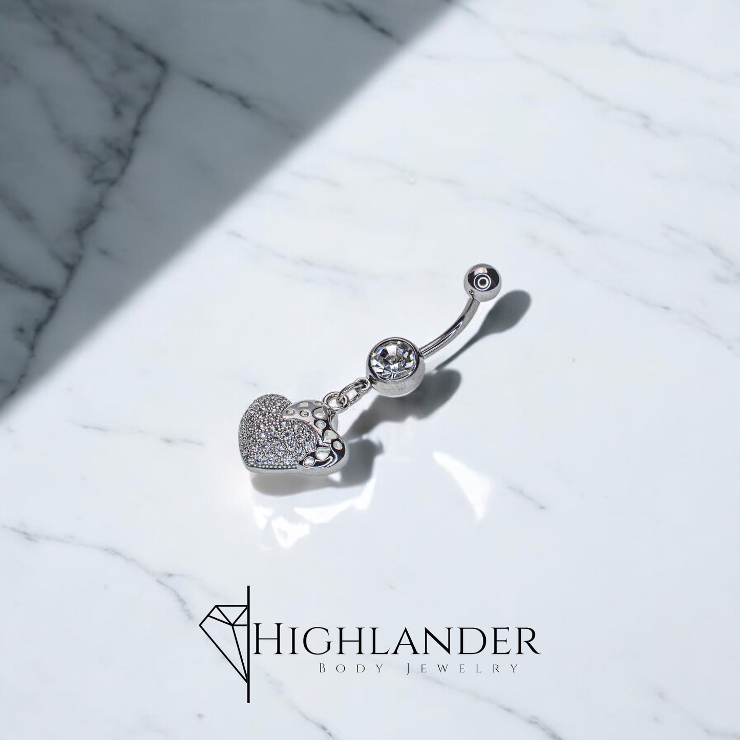 Clear CZ Paved Heart with Laser Cut Heart Navel Piercing - Dangle