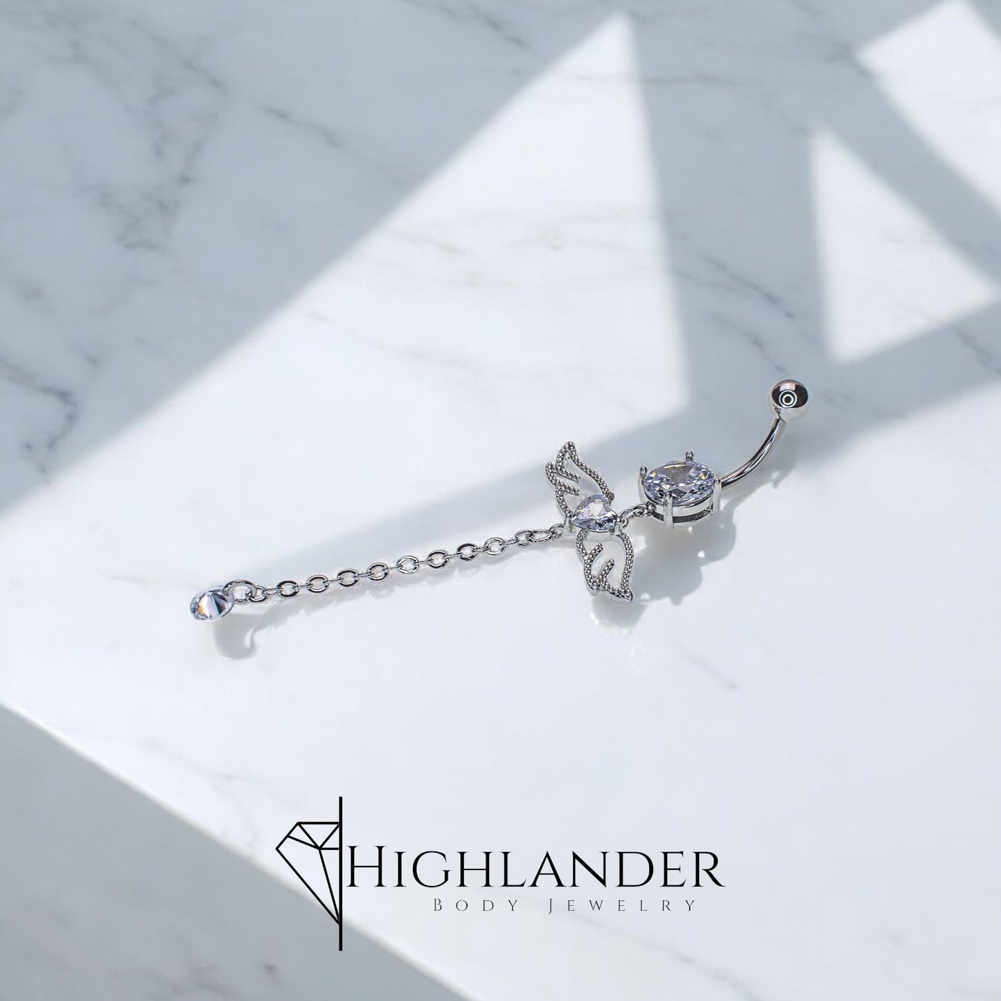 Clear CZ Heart with Wings And Chain Navel Piercing - Dangle