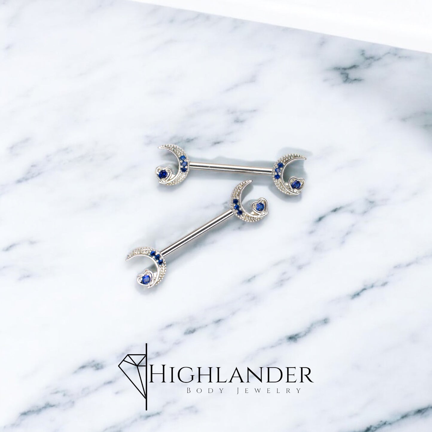 Sapphire Blue CZ Accented Crescent Moon and Star Nipple Barbells