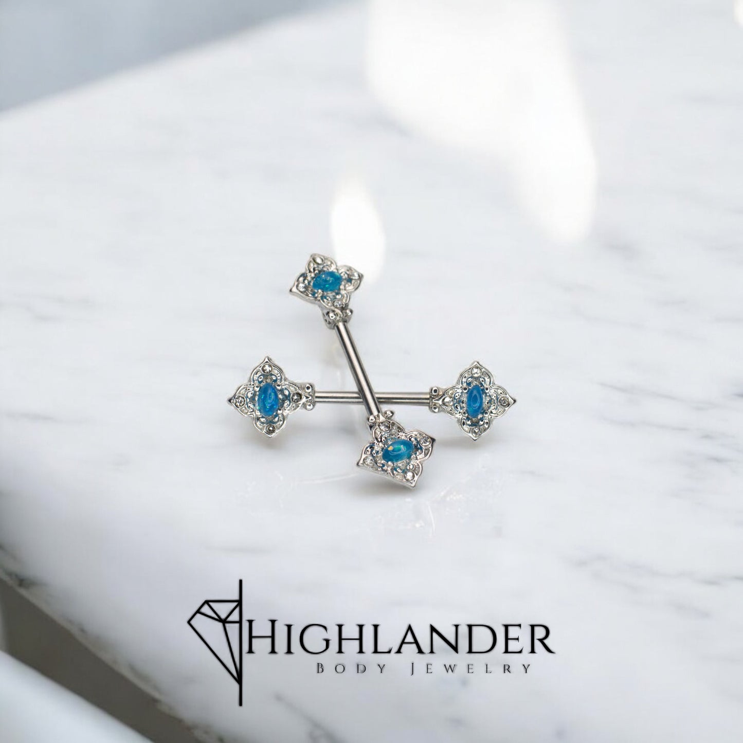 Filigree with Oval Blue Opal Nipple Barbells