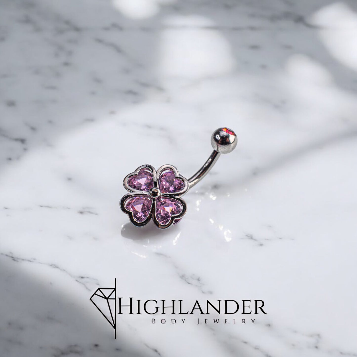 Pink CZ Heart Clover Navel Piercing - Non Dangle