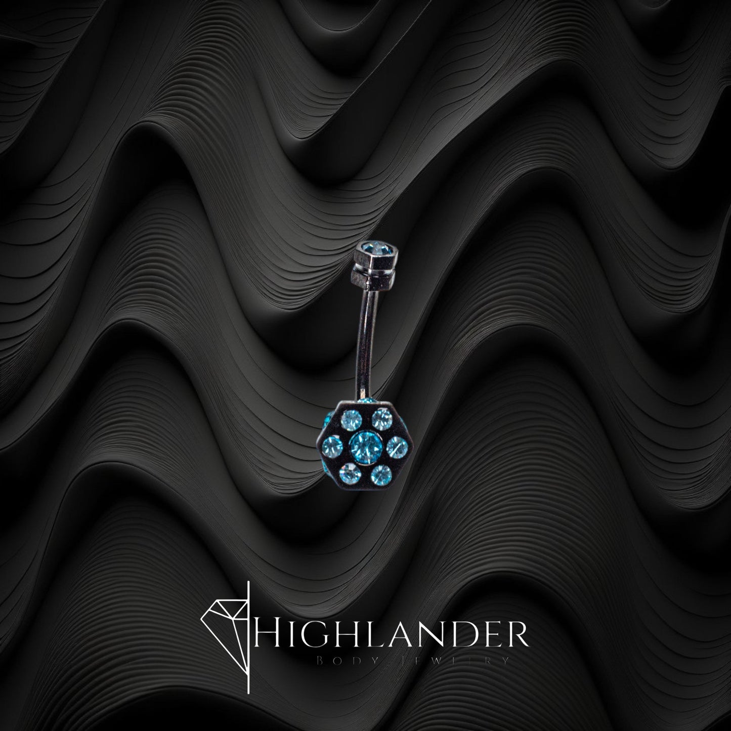 Black Hexagon with Aqua CZ Navel Piercing - Non Dangle