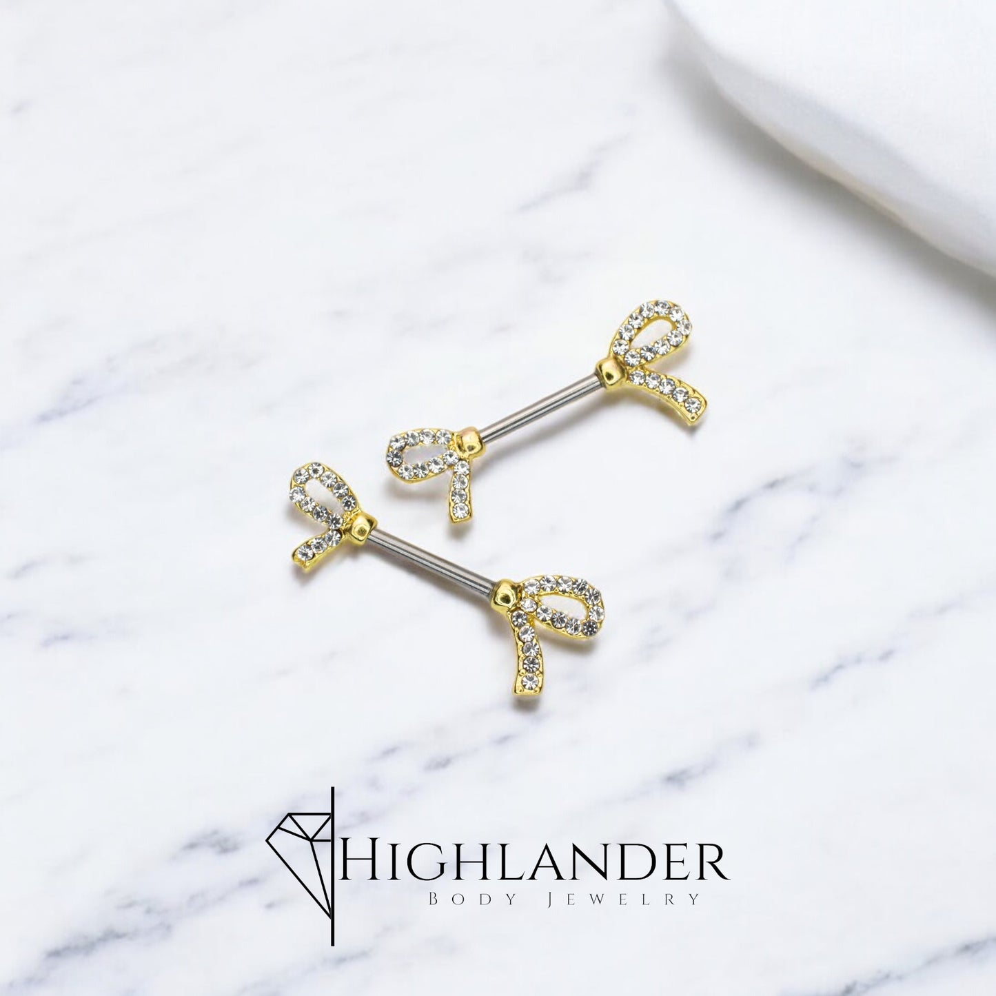 Gold Clear CZ Lined Half Bow Ends Nipple Barbells