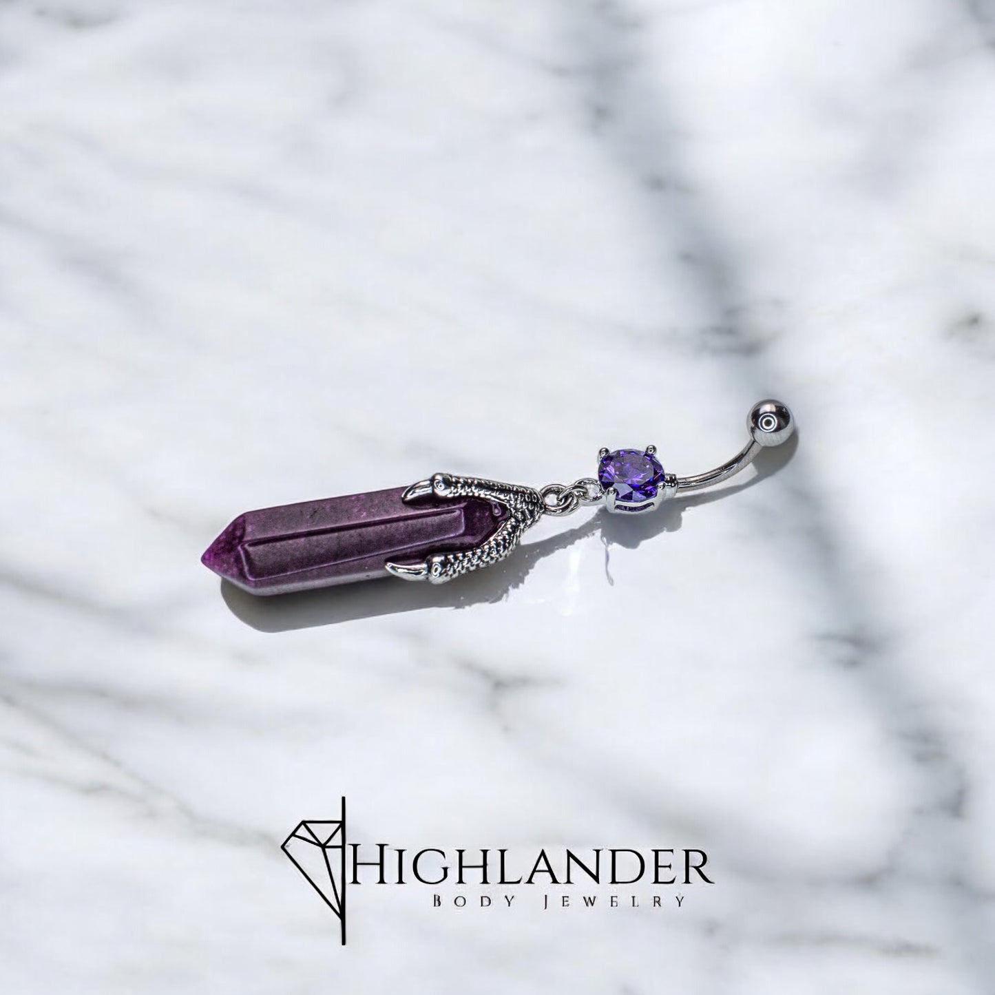 Dark Purple Crystal with Silver Claw and Purple CZ Navel Piercing - Dangle