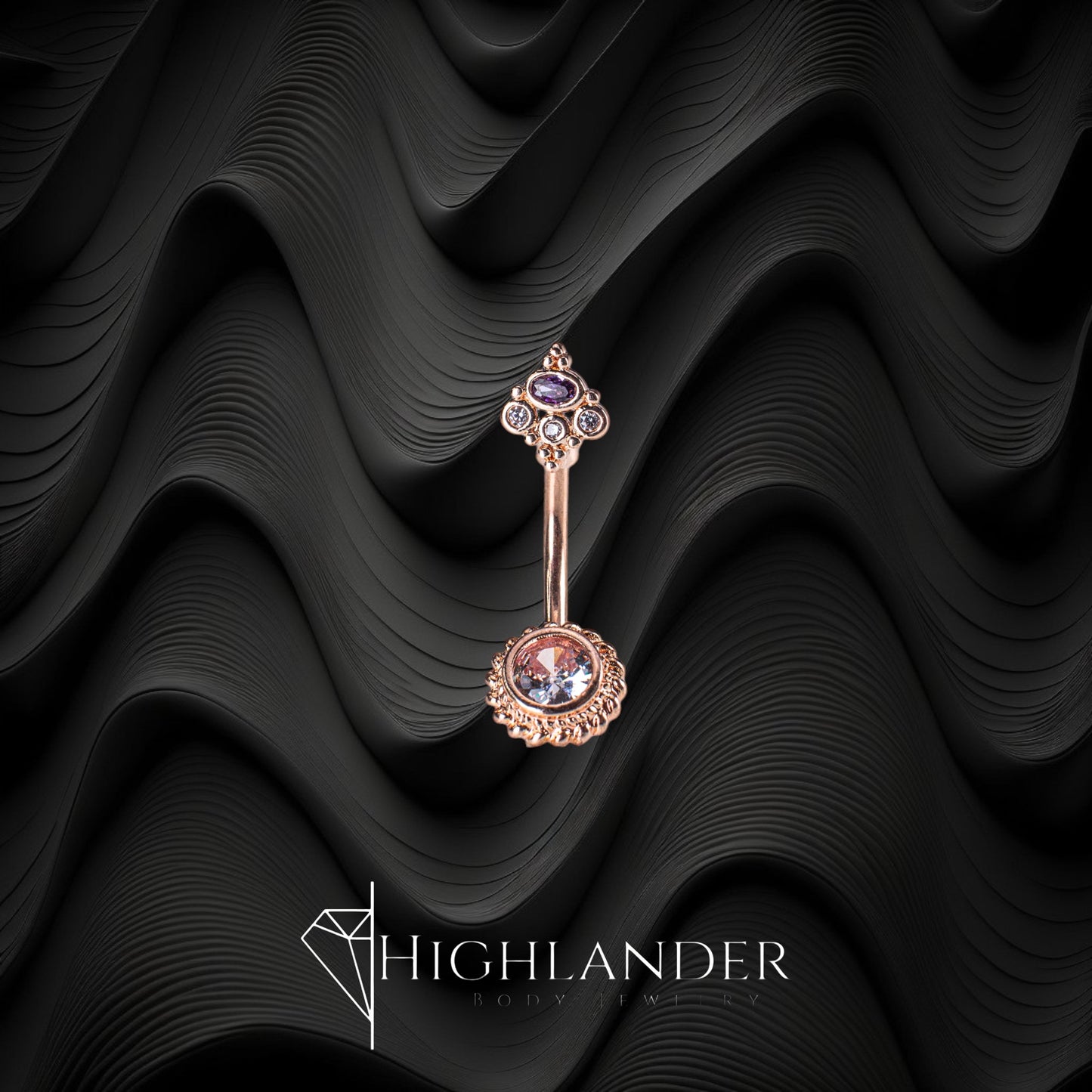 Rose Gold Clear CZ Round with Purple CZ Flourish Navel Piercing - Non Dangle