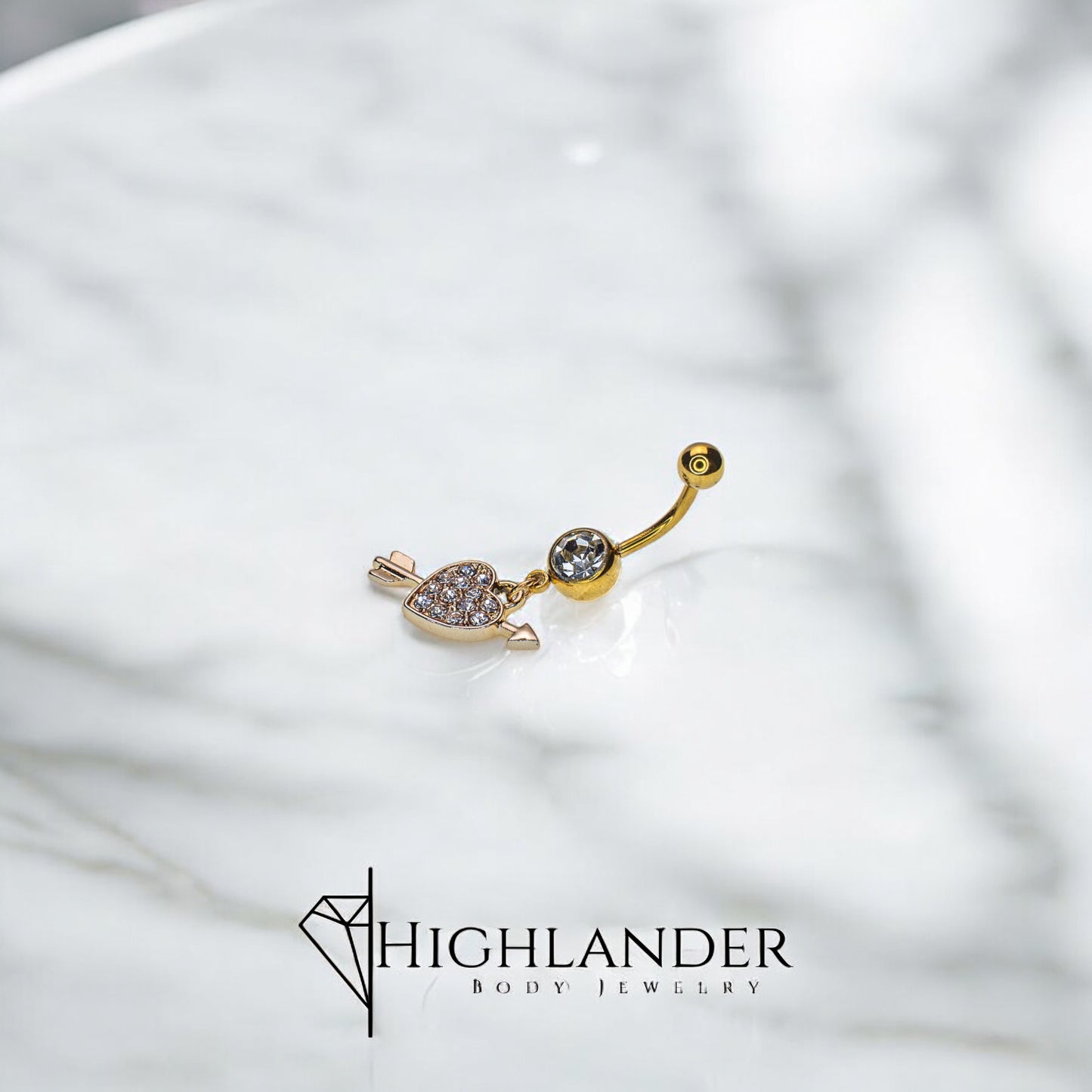 Gold Clear CZ Paved Heart with Arrow Navel Piercing - Dangle