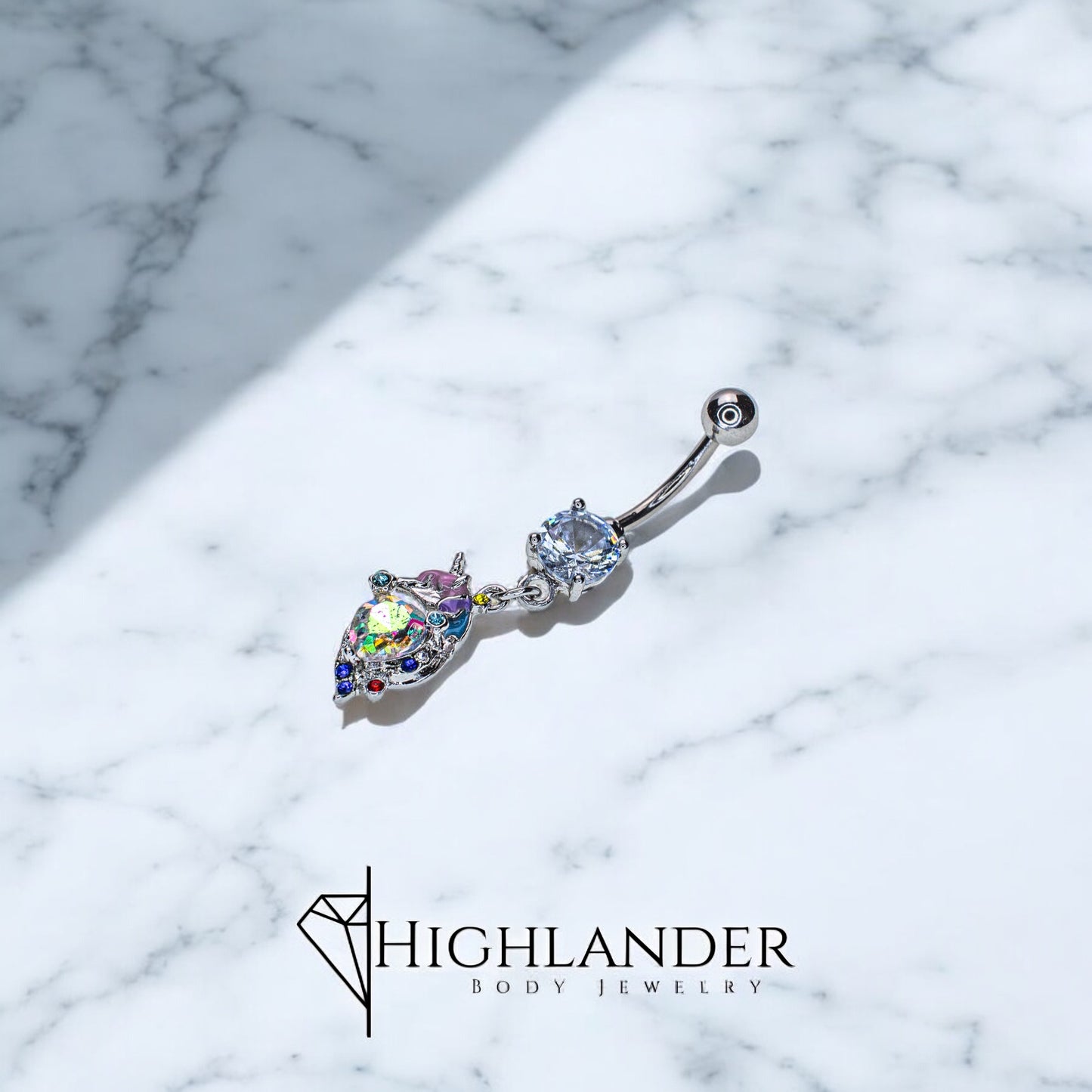 Aurora Borealis Heart CZ Unicorn Navel Piercing - Dangle