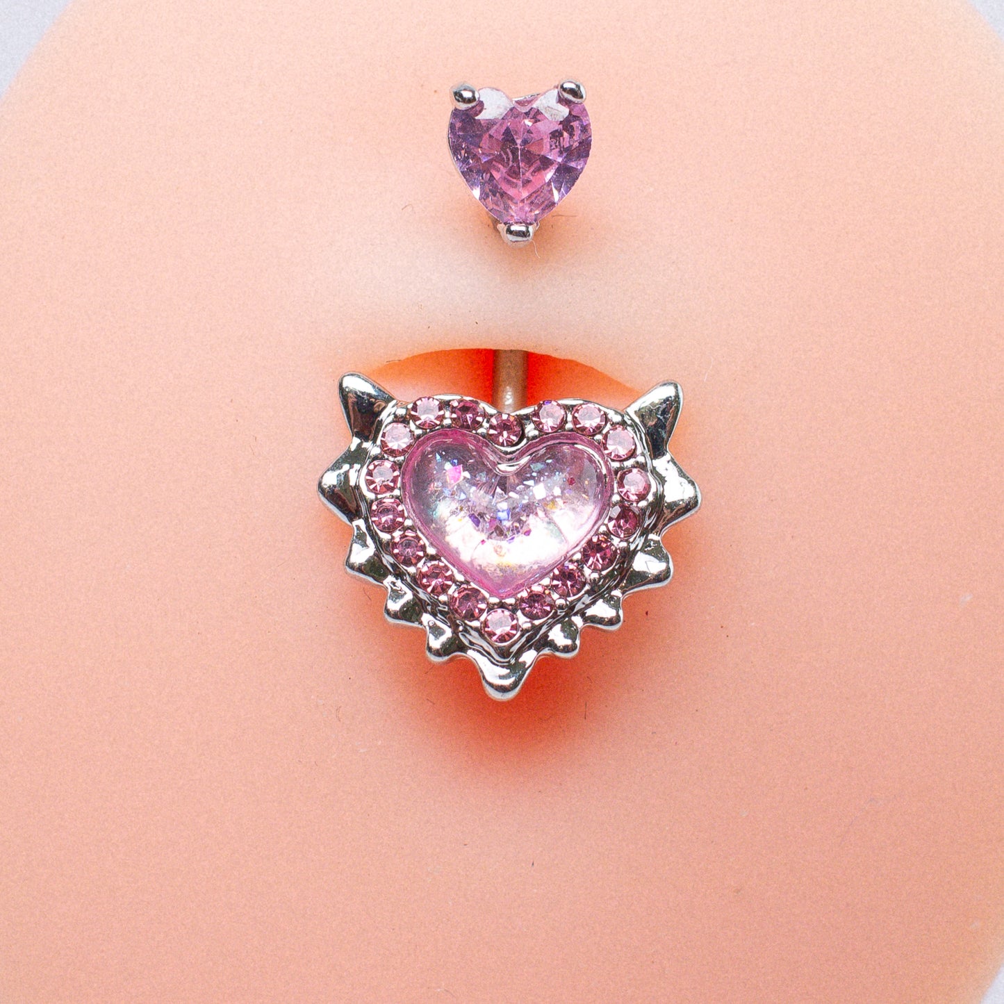 Pink Iridescent Heart with Pink CZ Navel Piercing - Non Dangle