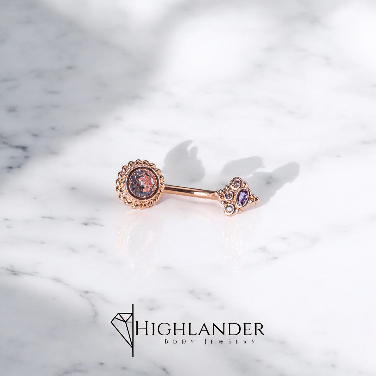 Rose Gold Clear CZ Round with Purple CZ Flourish Navel Piercing - Non Dangle