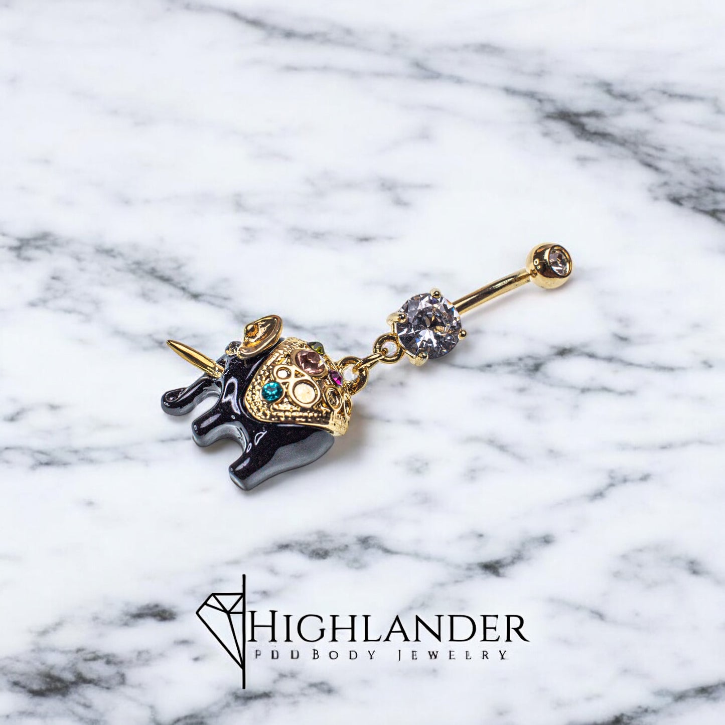 Gold Accented Black Elephant with Multi Color CZ Navel Piercing - Dangle