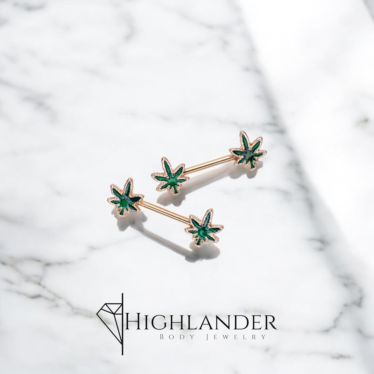 Rose Gold Green Enamel Leaf Nipple Barbells