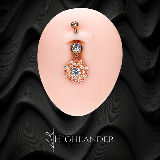 Rose Gold Filigree Round with Clear CZ Navel Piercing - Dangle