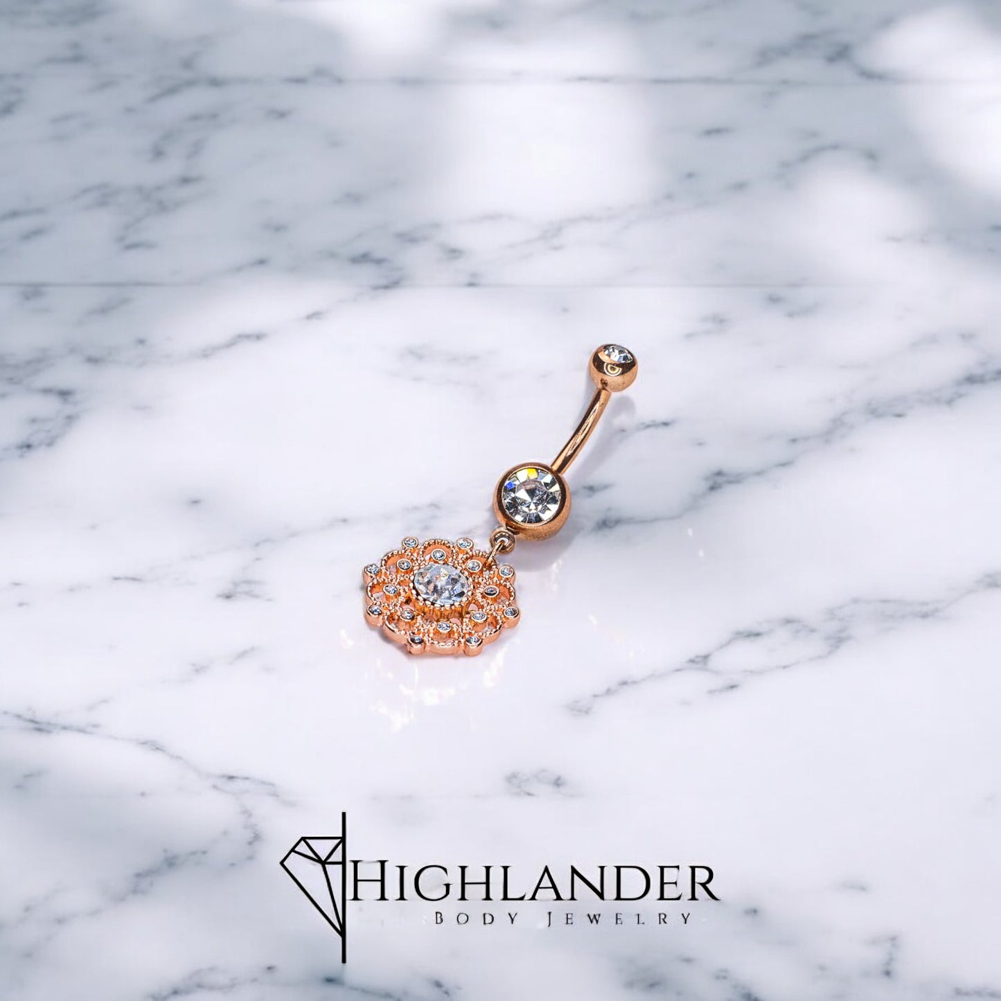 Rose Gold Filigree Round with Clear CZ Navel Piercing - Dangle