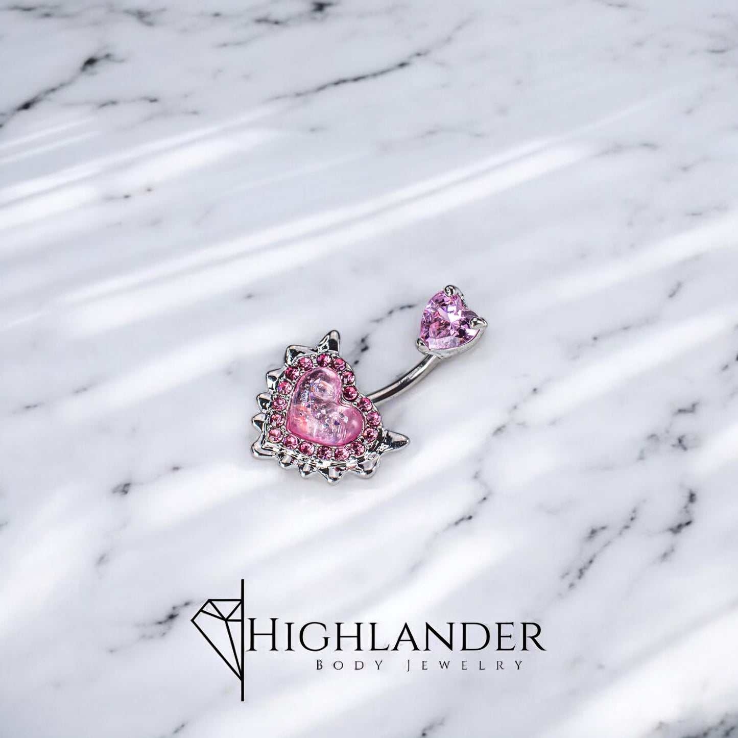 Pink Iridescent Heart with Pink CZ Navel Piercing - Non Dangle